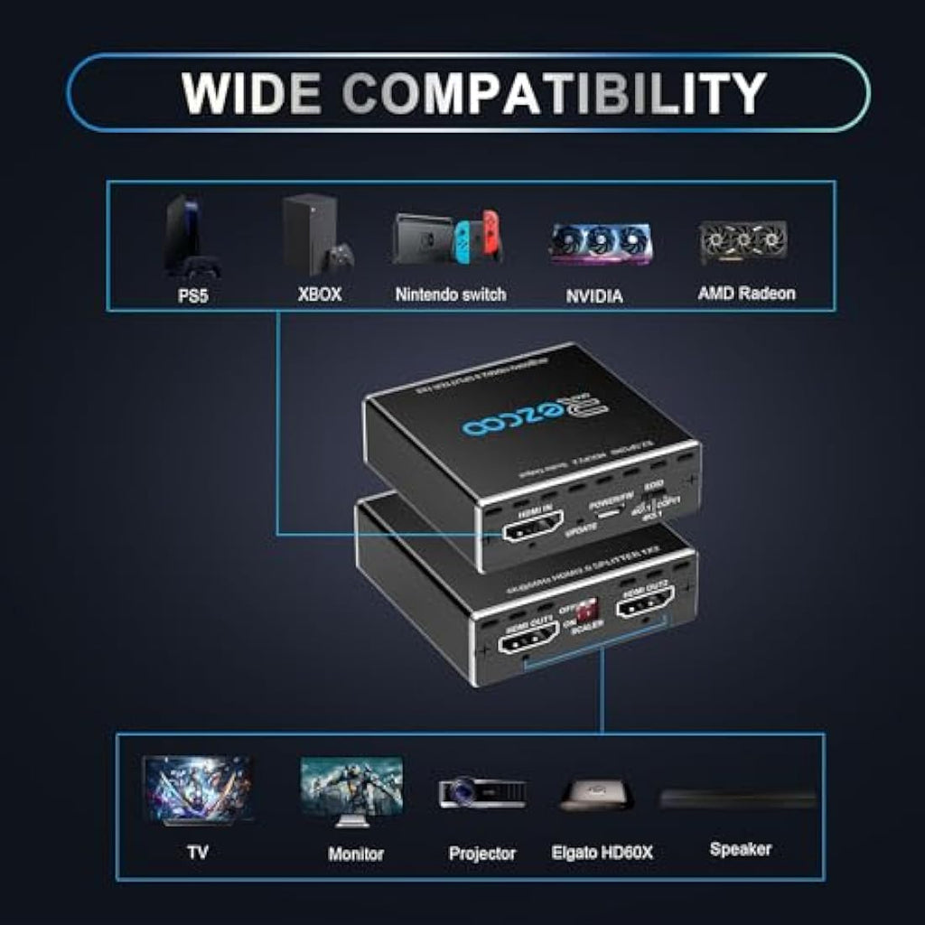 Jolof Store 4K 60Hz HDMI Splitter 1 in 2 Out | 1080P 120Hz Scaler & EDID