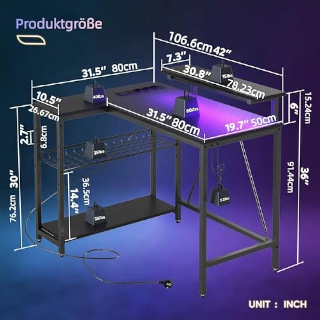 L-Shaped Gaming Desk – Carbon Fiber Corner Desk with RGB LED