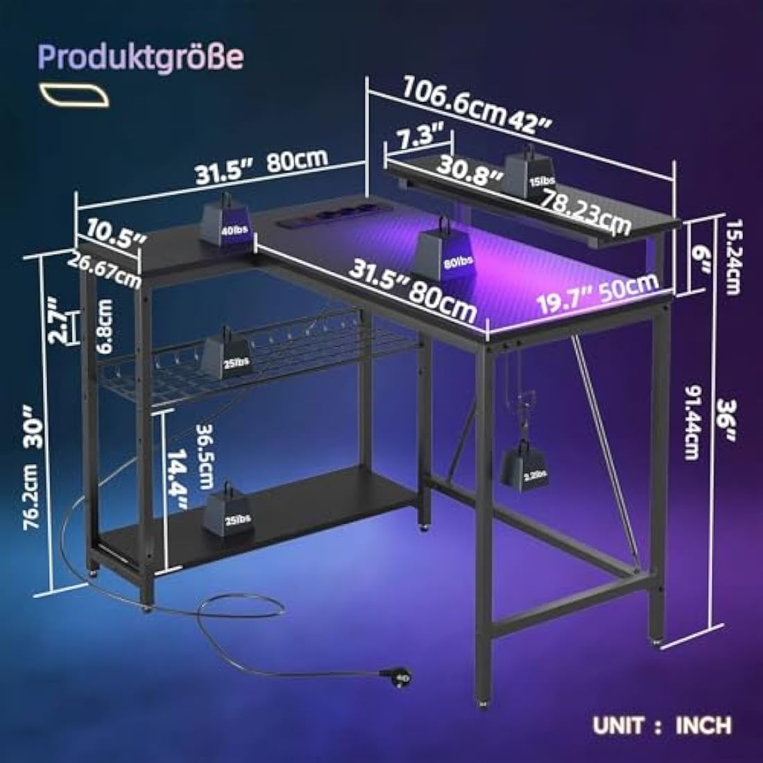 L-Shaped Gaming Desk – Carbon Fiber Corner Desk with RGB LED