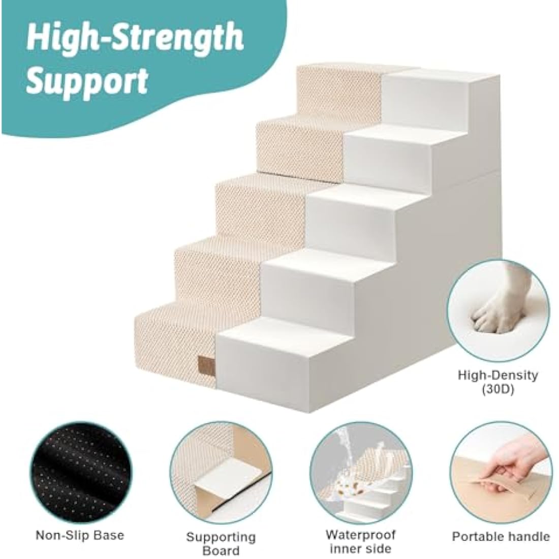 COZY KISS 5-Tier Wide Dog Stairs | Foldable Non-Slip Pet Steps for Bed