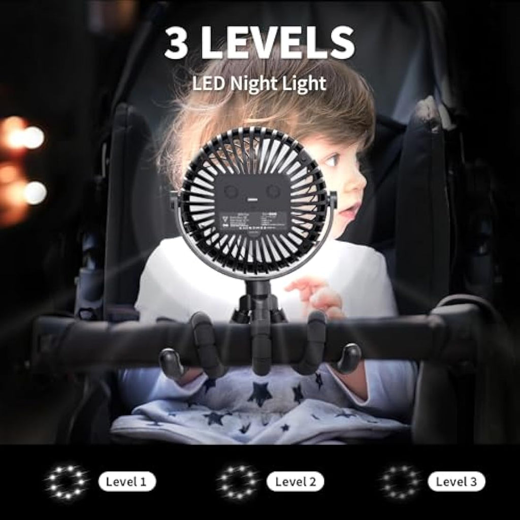 Amacool Stroller Fan - Flexible Tripod Clip On Fan with LED Light, Black