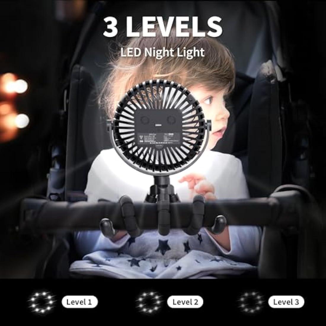 Amacool Stroller Fan - Flexible Tripod Clip On Fan with LED Light, Black