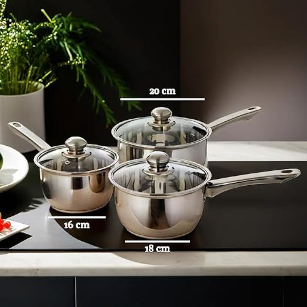 Premier Housewares Stainless Steel Saucepan Set with Glass Lids - 3 Piece