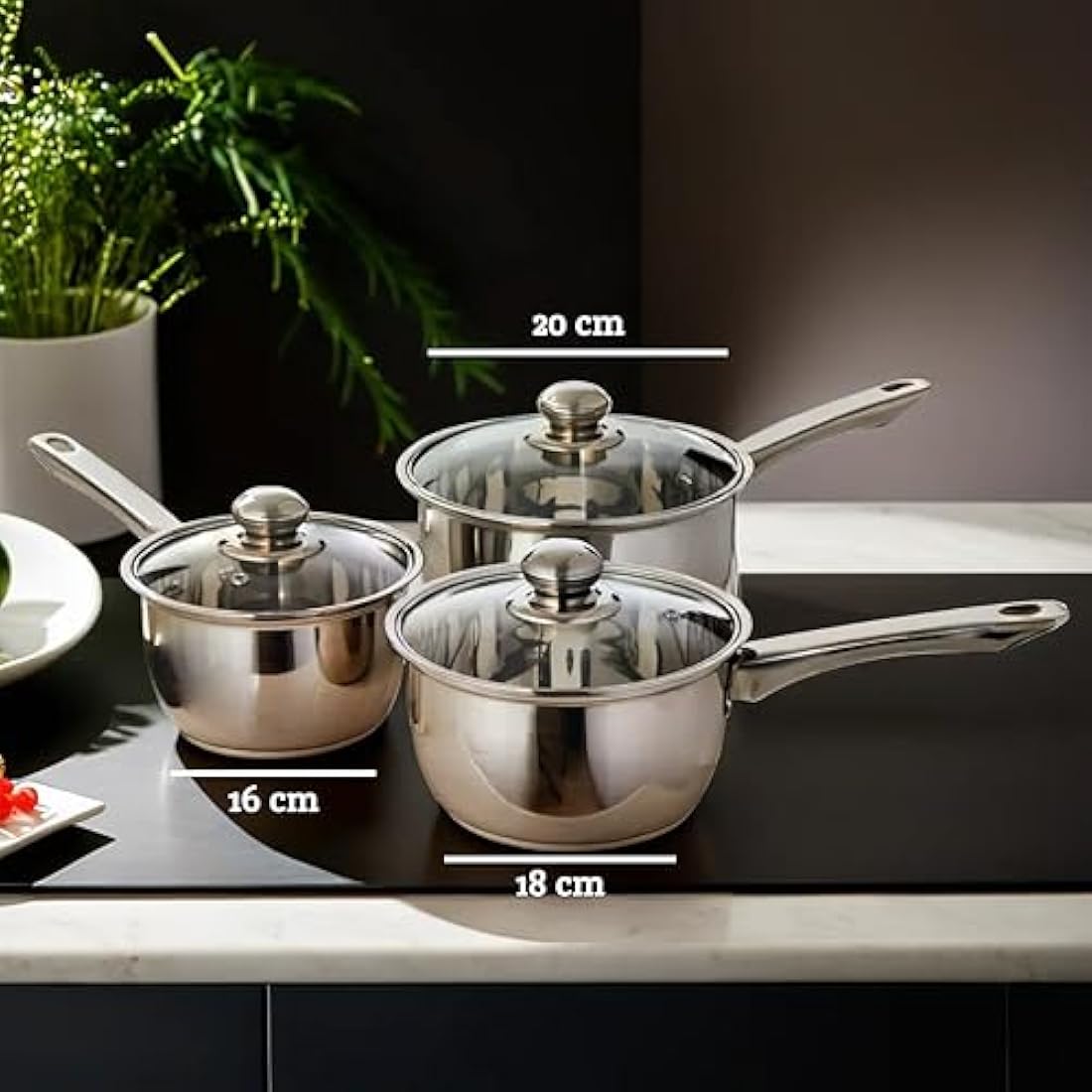 Premier Housewares Stainless Steel Saucepan Set with Glass Lids - 3 Piece
