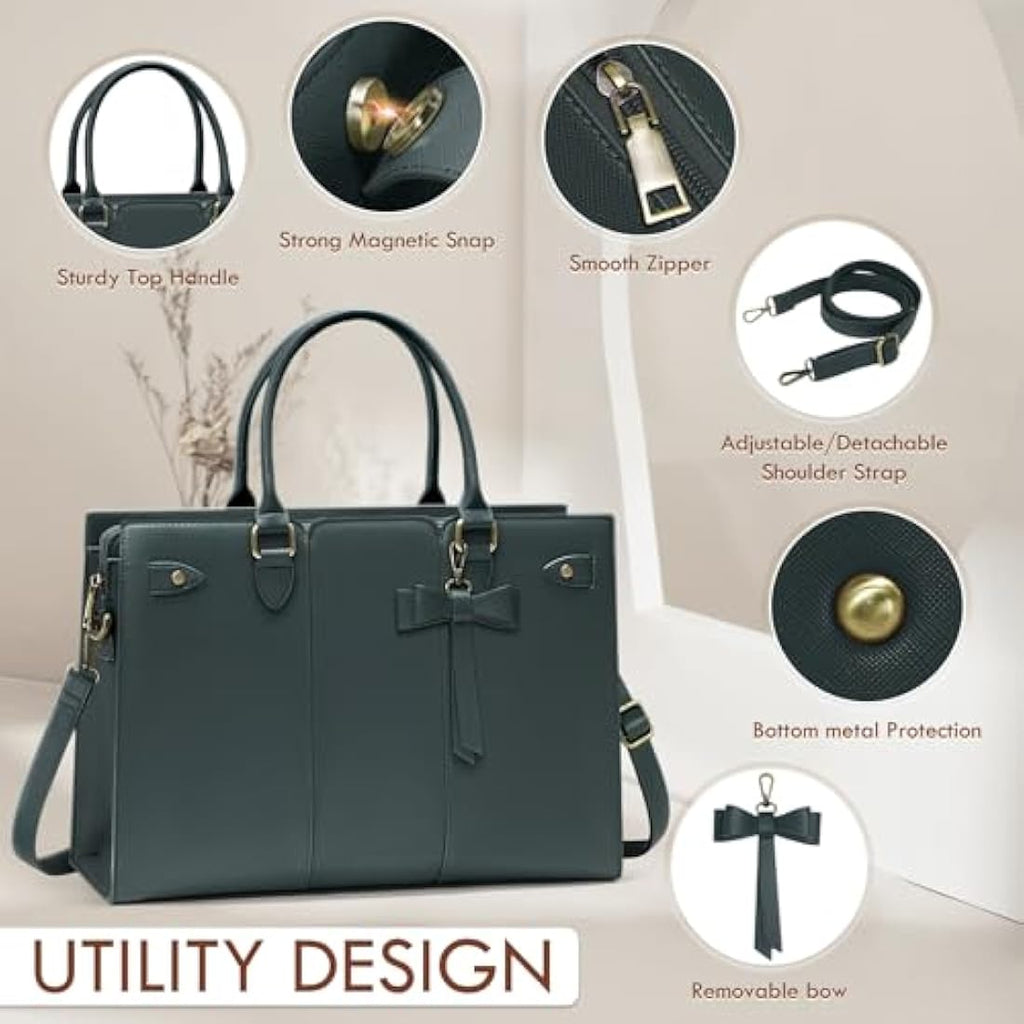 RAINSMORE 15.6 Inch Laptop Tote Bag – PU Leather Work Handbag, Dark Green