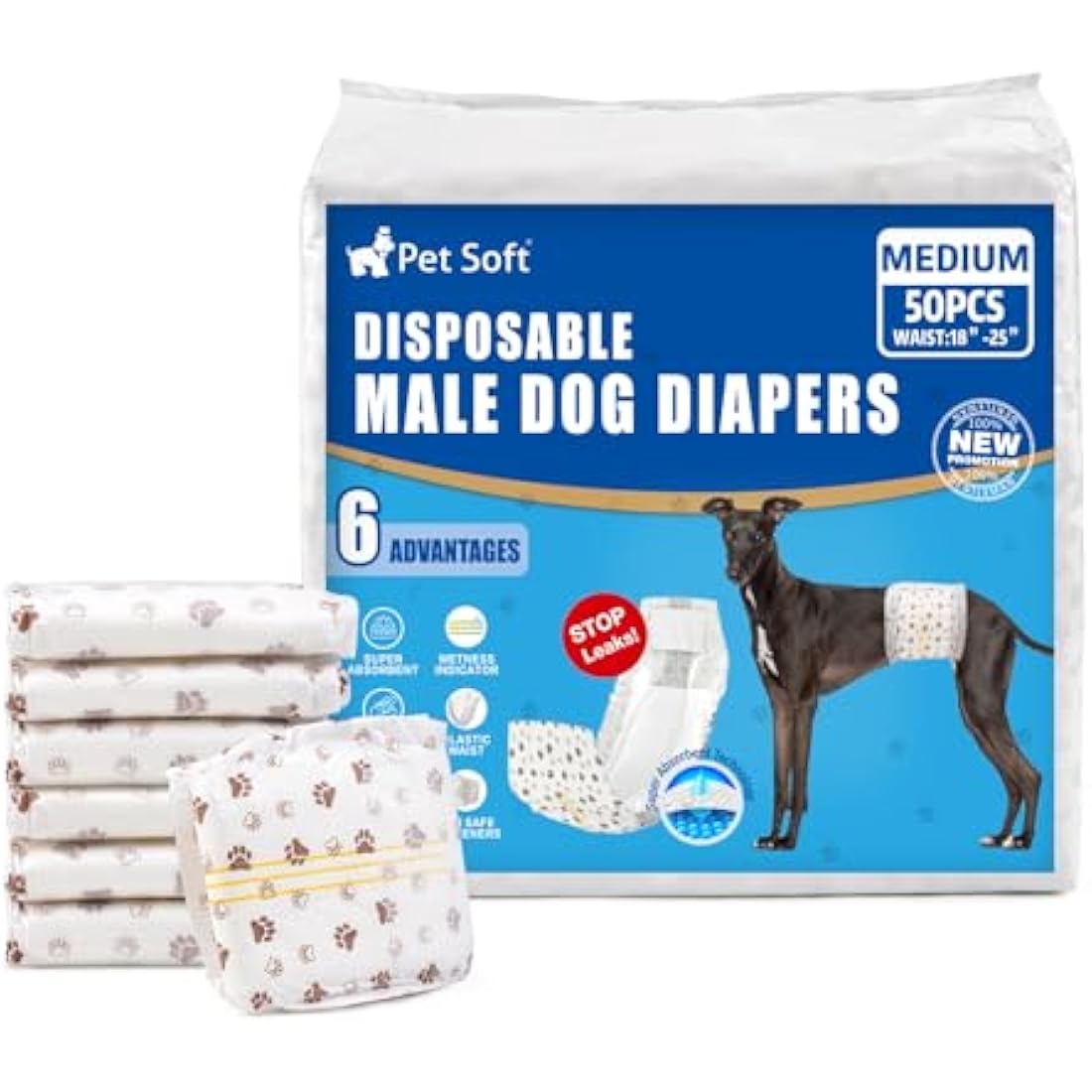 Pet Soft Male Dog Wraps – Disposable Absorbent Diapers, Medium, 50 Count