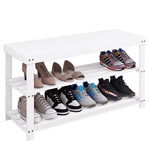 SMIBUY 3-Tier Bamboo Shoe Rack Bench – White Entryway Storage Organizer