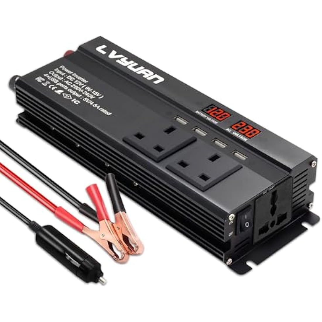 LVYUAN 1200W Power Inverter 12V to 240V AC | 3 UK Sockets & 4 USB Ports