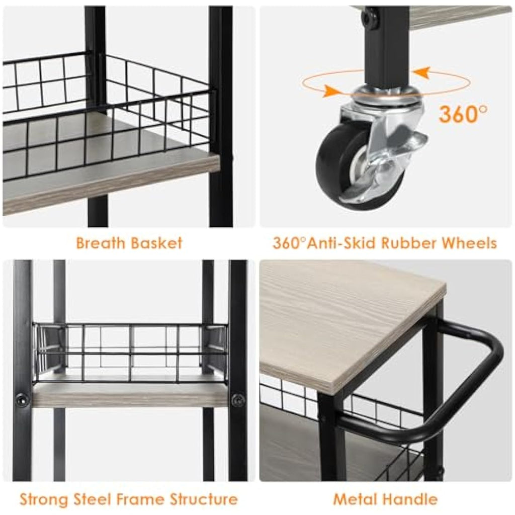 Jolof Store 4-Tier Slim Rolling Kitchen Storage Cart with Wood Top – Grey
