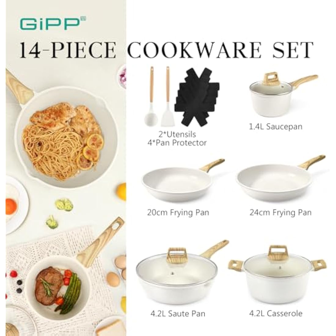 GiPP 14-Piece White Ceramic Nonstick Cookware Set | Induction Pots and Pans