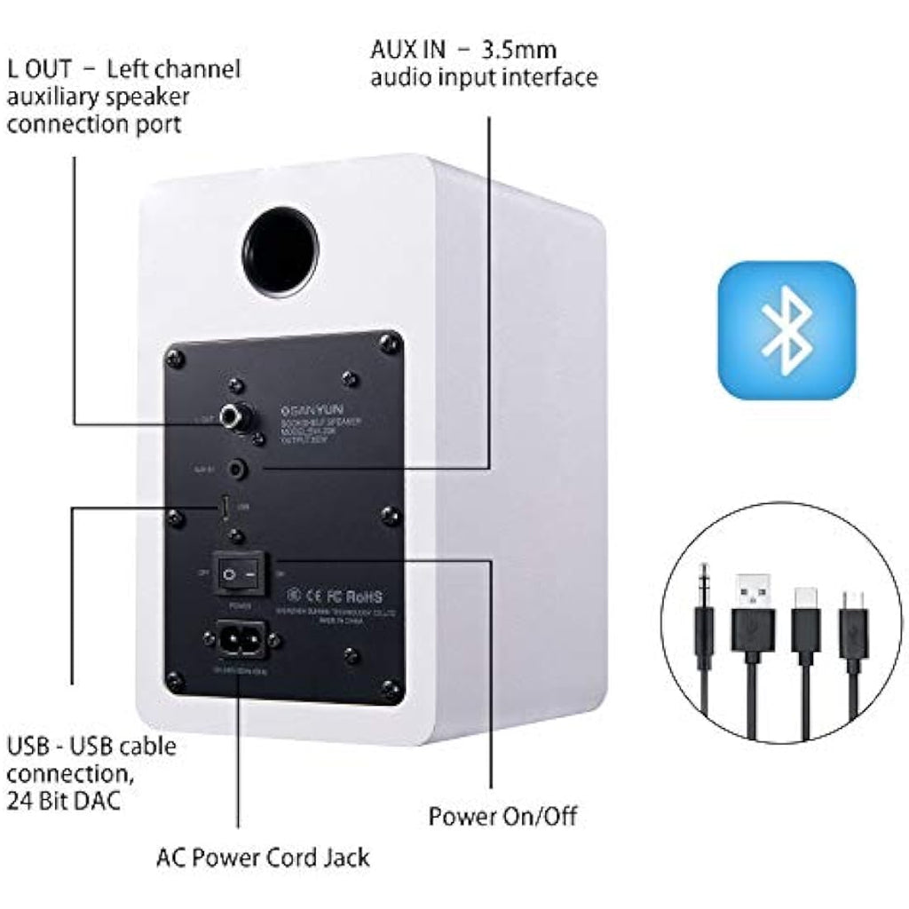 Sanyun SW208 60W Bluetooth 5.0 Bookshelf Speakers - Carbon Fiber White