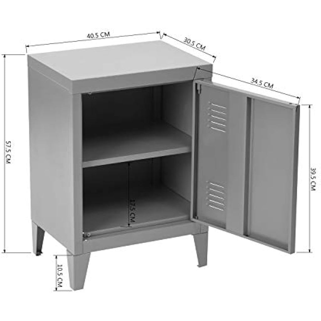 Homybec Small Metal Cabinet | 2-Tier Industrial Bedside Nightstand - Grey