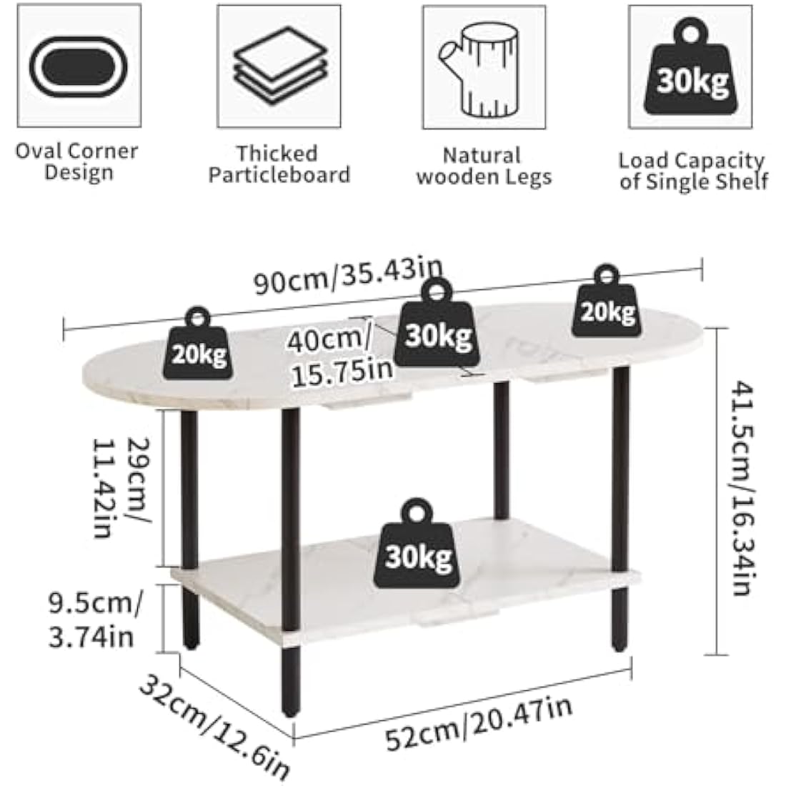 Aibiju Oval Coffee Table | 2-Tier Storage with Wooden Legs, White Marble