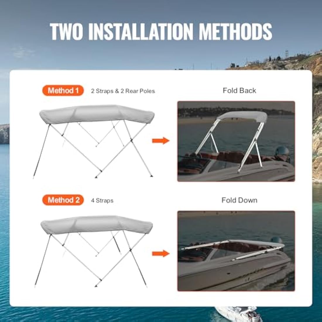 VEVOR 4 Bow Bimini Top Boat Cover | 900D Polyester Canopy | 91"-96"W Light Grey