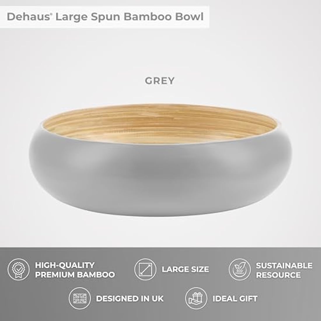Dehaus Large 30cm Bamboo Fruit Bowl – Grey Wooden Salad Serving Bowl