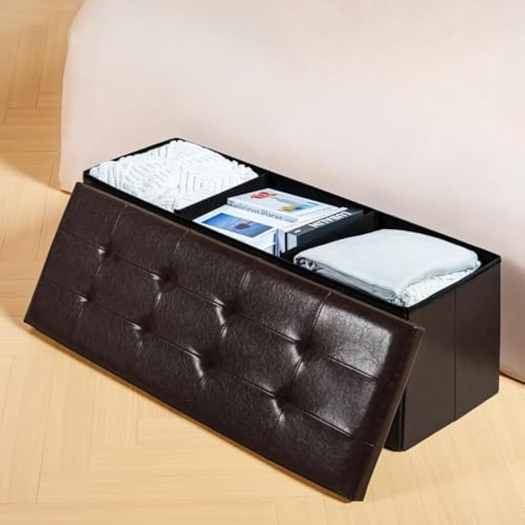 Bonlife Storage Ottoman | 140L Foldable Faux Leather Bed Bench - Brown