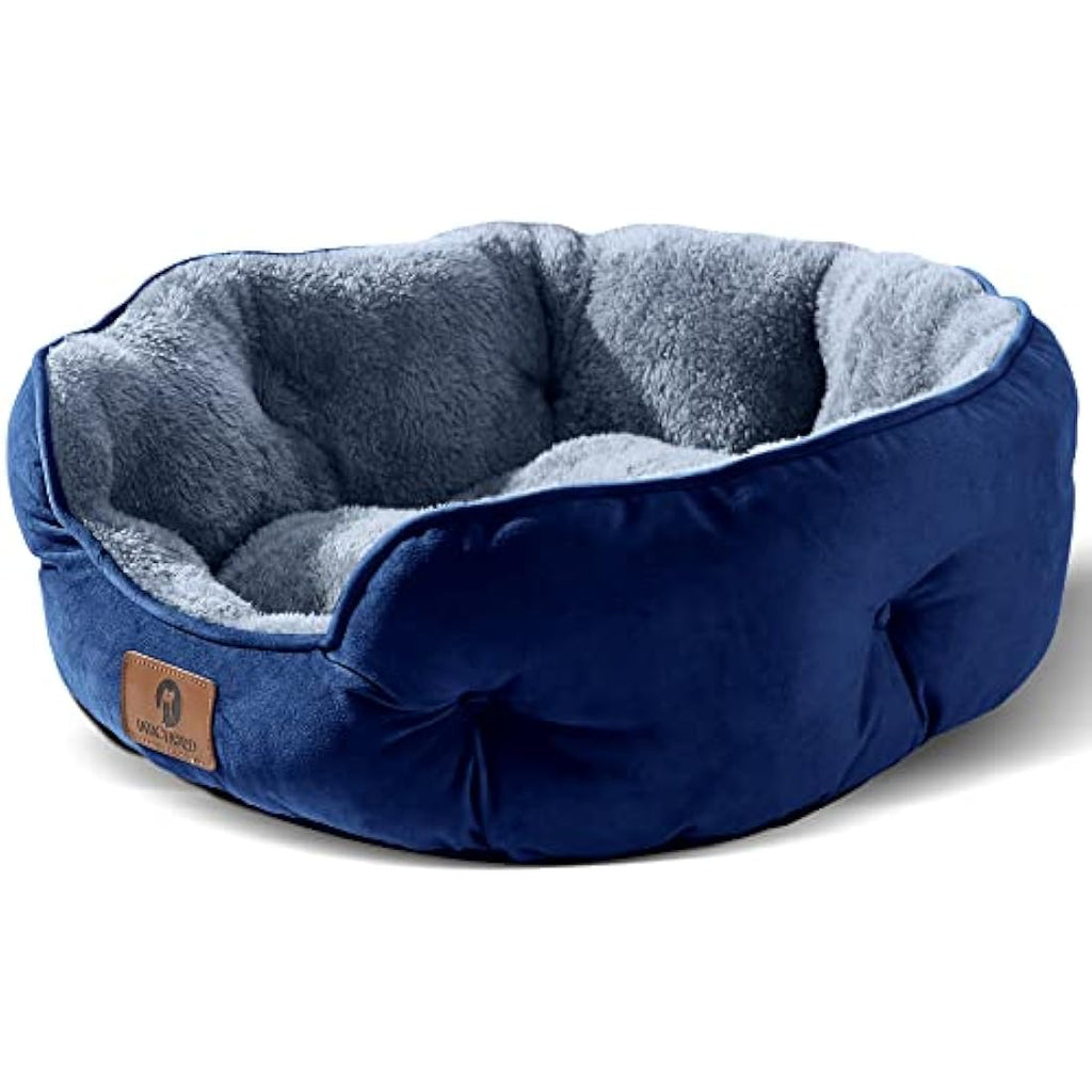 Calming Dog Bed – Round Sherpa Pet Bed, Washable, Blue, 25"