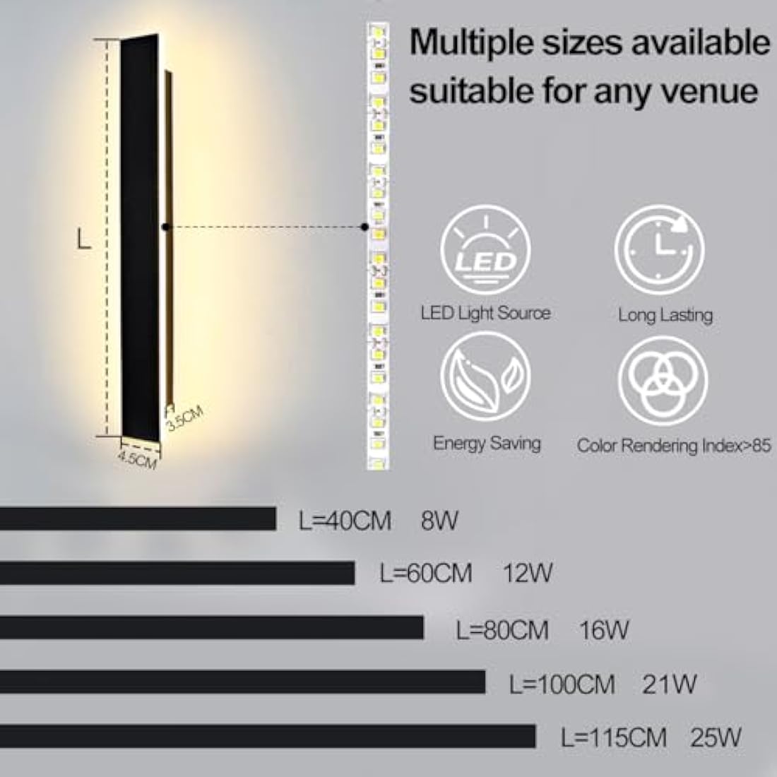 ZTWLEED 115CM LED Outdoor Wall Light | IP65 Waterproof 6000K Metal Sconce