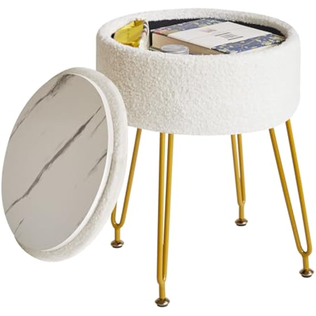 IBUYKE Teddy Velvet Storage Ottoman – Vanity Stool with Gold Legs, White