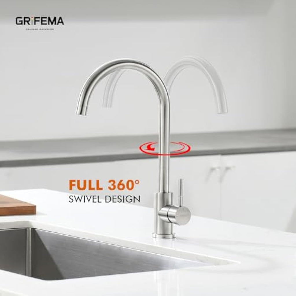 GRIFEMA G4008 Kitchen Mixer Tap | High Arc 360° Swivel Stainless Steel