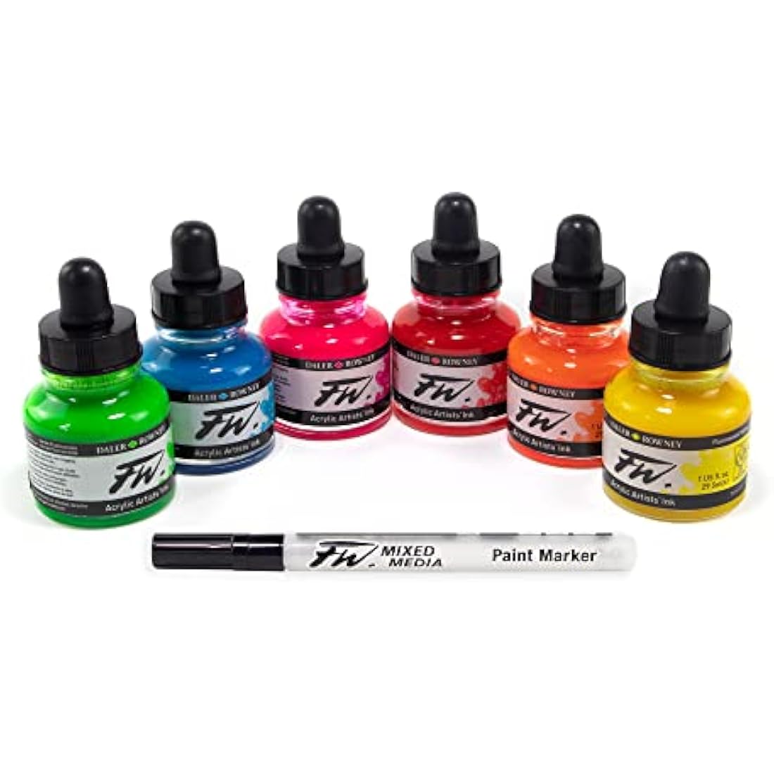 Daler-Rowney FW Neon Acrylic Ink Set | 6 Fluorescent Colors & Marker