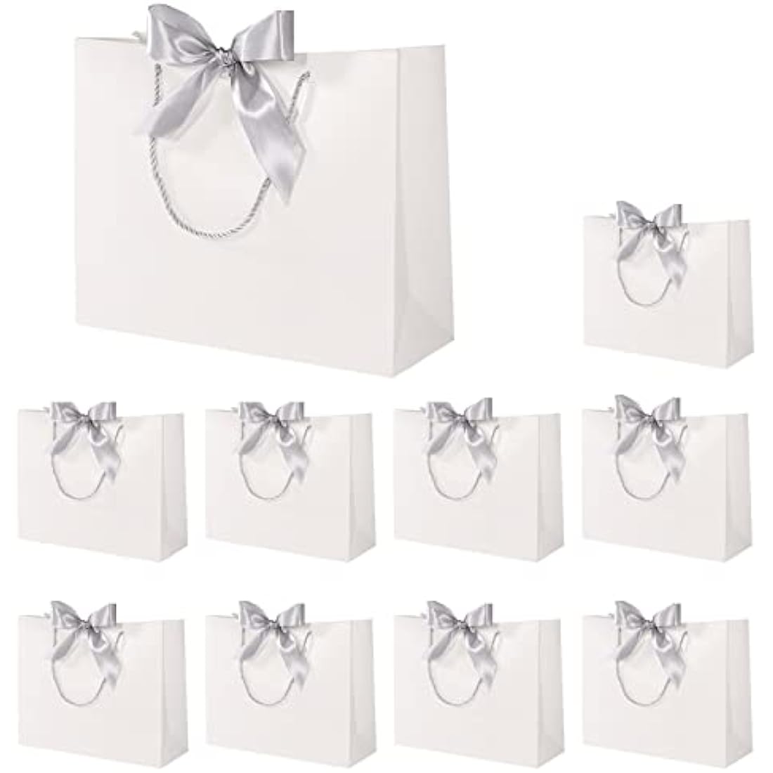 Jolof Store White Paper Gift Bags with Silver Bows - 10 Pack Large