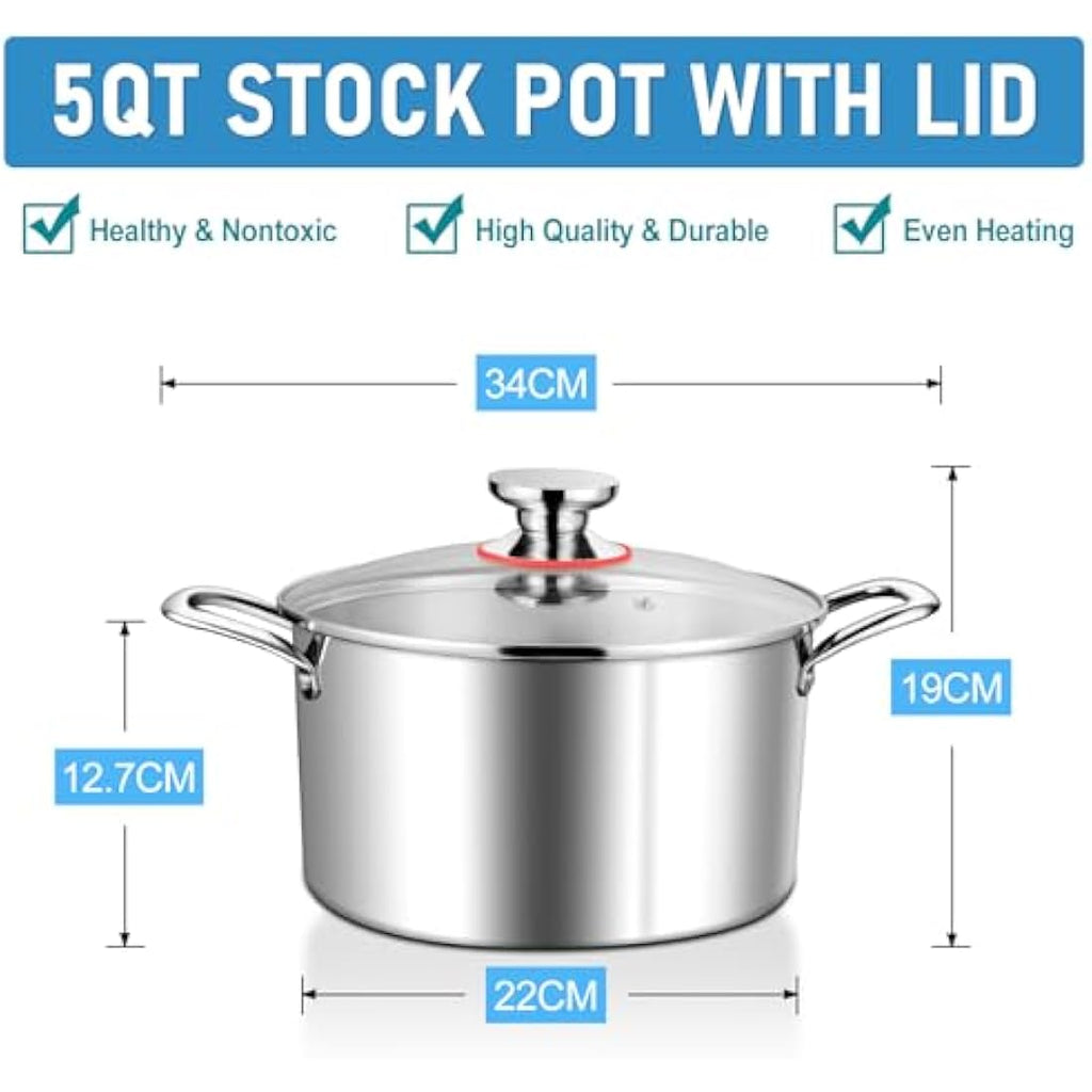 HaWare 4.5L Tri-Ply Stainless Steel Stock Pot with Glass Lid | Induction