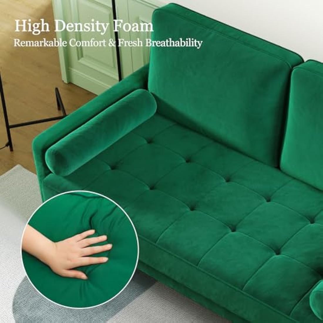 Vesgantti 2 Seater Velvet Sofa – Modern Green Loveseat with Wood Legs