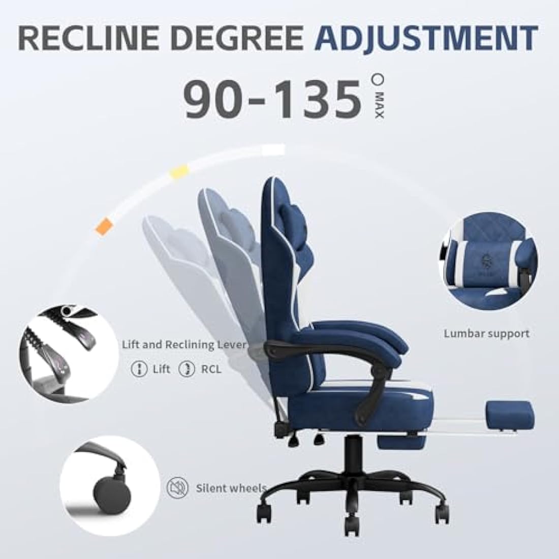 PZDO Ergonomic Gaming Chair with Footrest | Breathable Tech Fabric – Blue