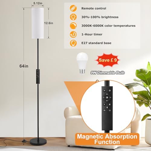 Aooshine 64" Modern Floor Lamp | Dimmable Standing Lamp with Remote Control