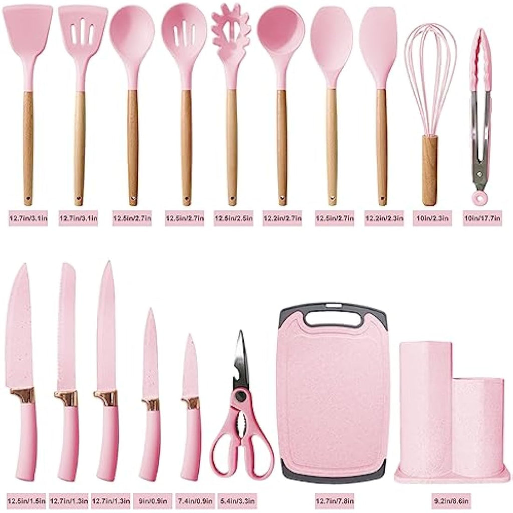 DLD 29-Piece Silicone Kitchenware Set with Knives and Wooden Handles