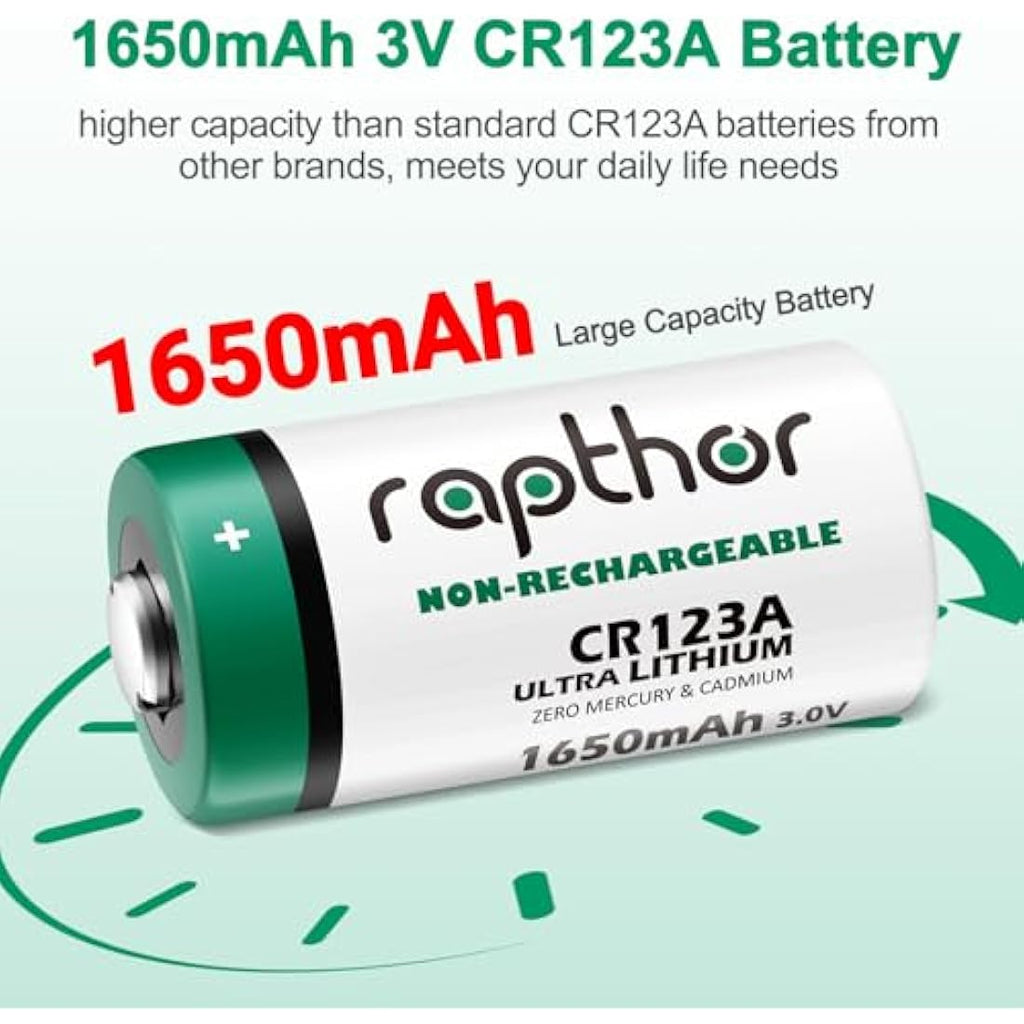Rapthor CR123A 3V Lithium Battery 1650mAh High Capacity - 16 Pack