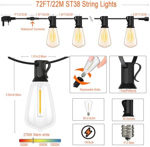 Skeerei 22M Festoon Lights Outdoor - 36+2 LED Shatterproof String Lights