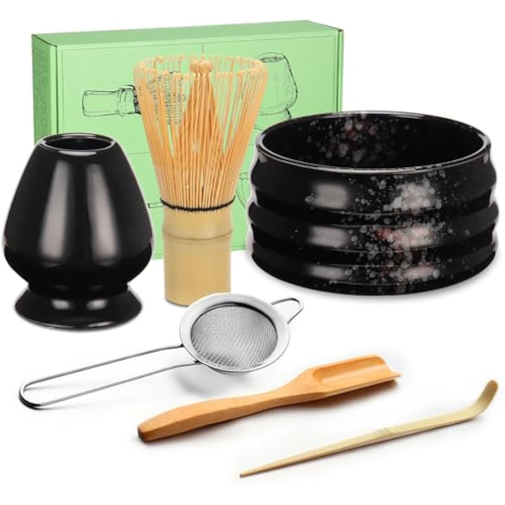 Geebuzz 6-Piece Matcha Whisk Set with Ceramic Bowl and Bamboo Whisk - Black