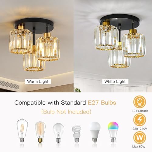 FORCOSO Crystal Ceiling Light – 3-Light Modern Black and Gold Chandelier