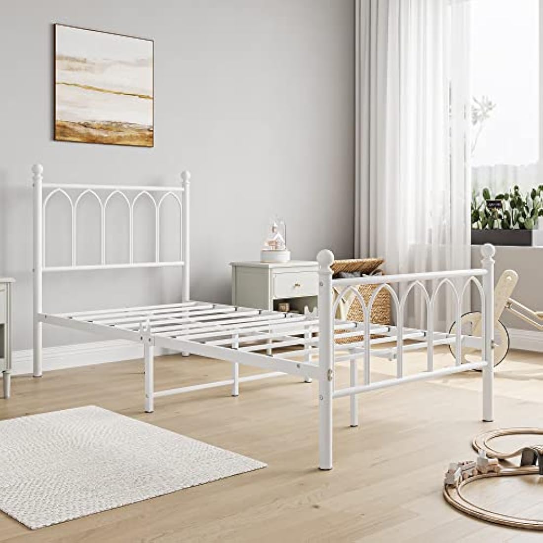 JELUTE Single Metal Bed Frame with Headboard and Footboard - White
