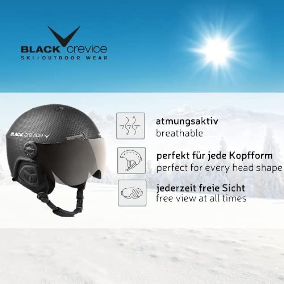 Black Crevice Gstaad Ski Helmet – Pilot Style Visor Helmet for Adults