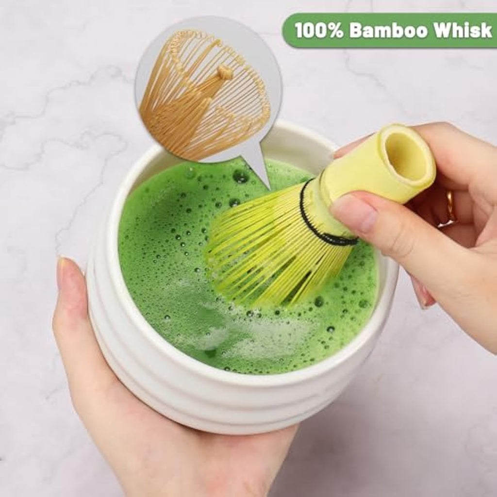 Geebuzz 6-Piece Matcha Whisk Set with Ceramic Bowl and Bamboo Whisk - White