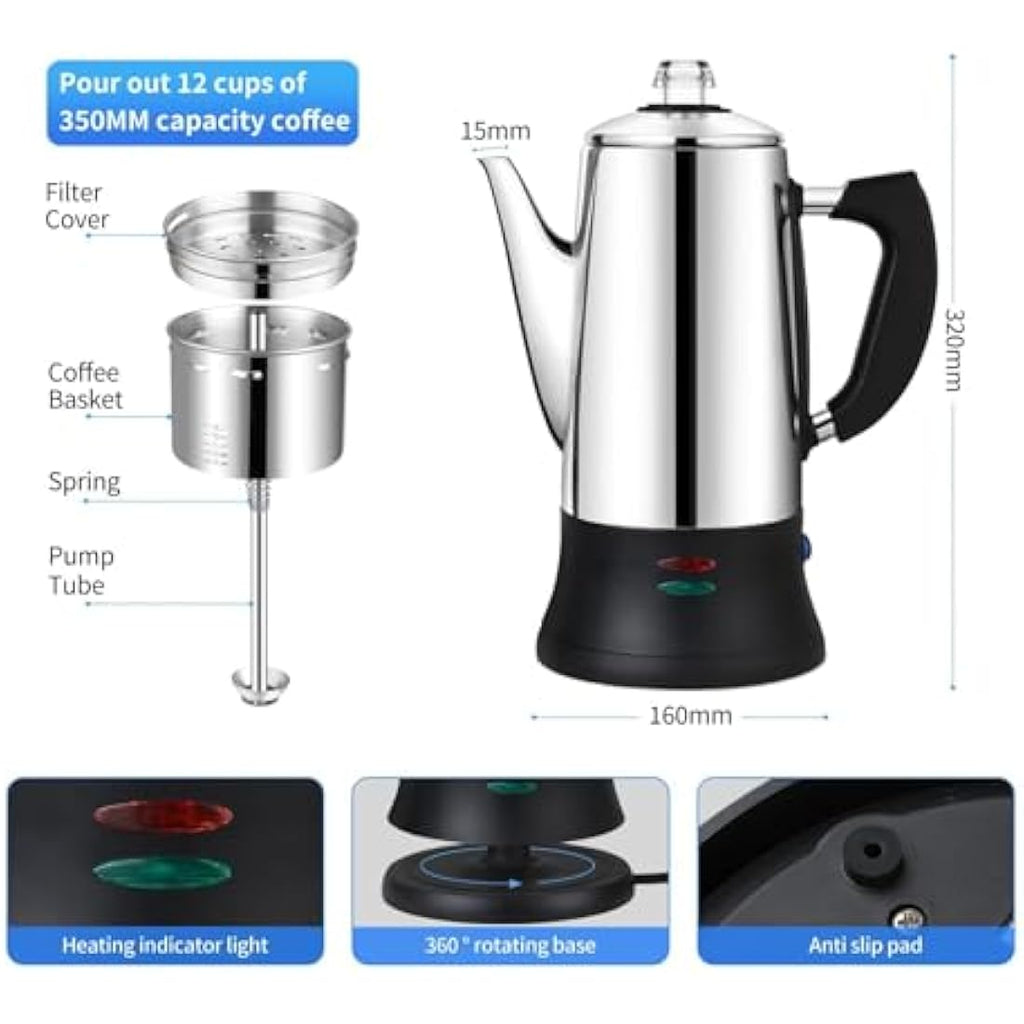 12-Cup Electric Coffee Percolator | Stainless Steel 1.2L