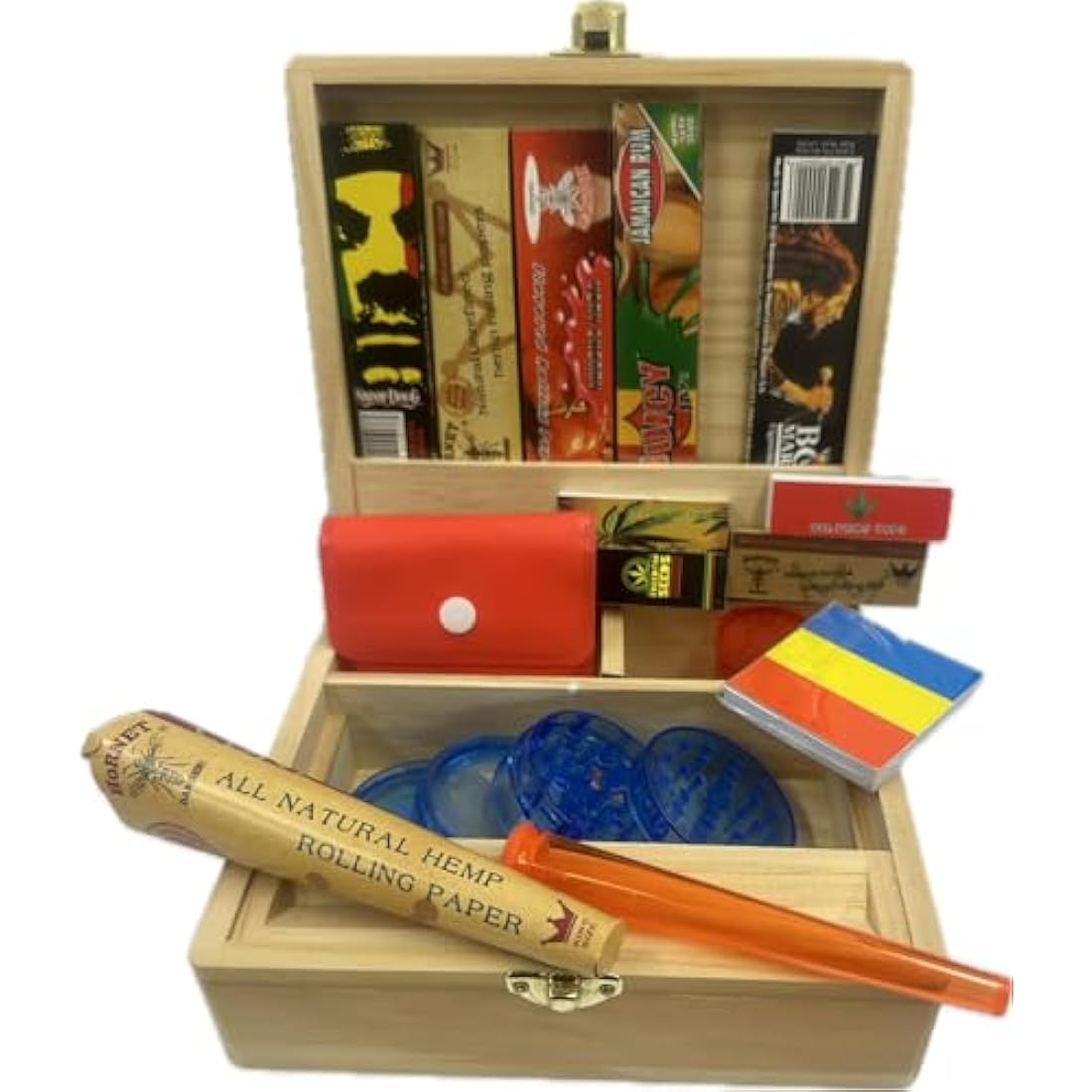 Large Pine Wooden Rolling Box Gift Set with Papers & Tips