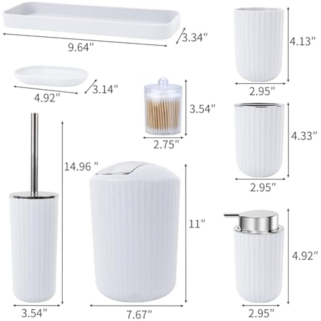 8-Piece Bathroom Accessories Set with Trash Can – White