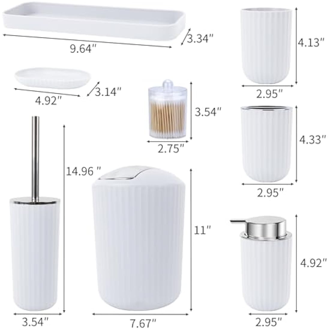 8-Piece Bathroom Accessories Set with Trash Can – White