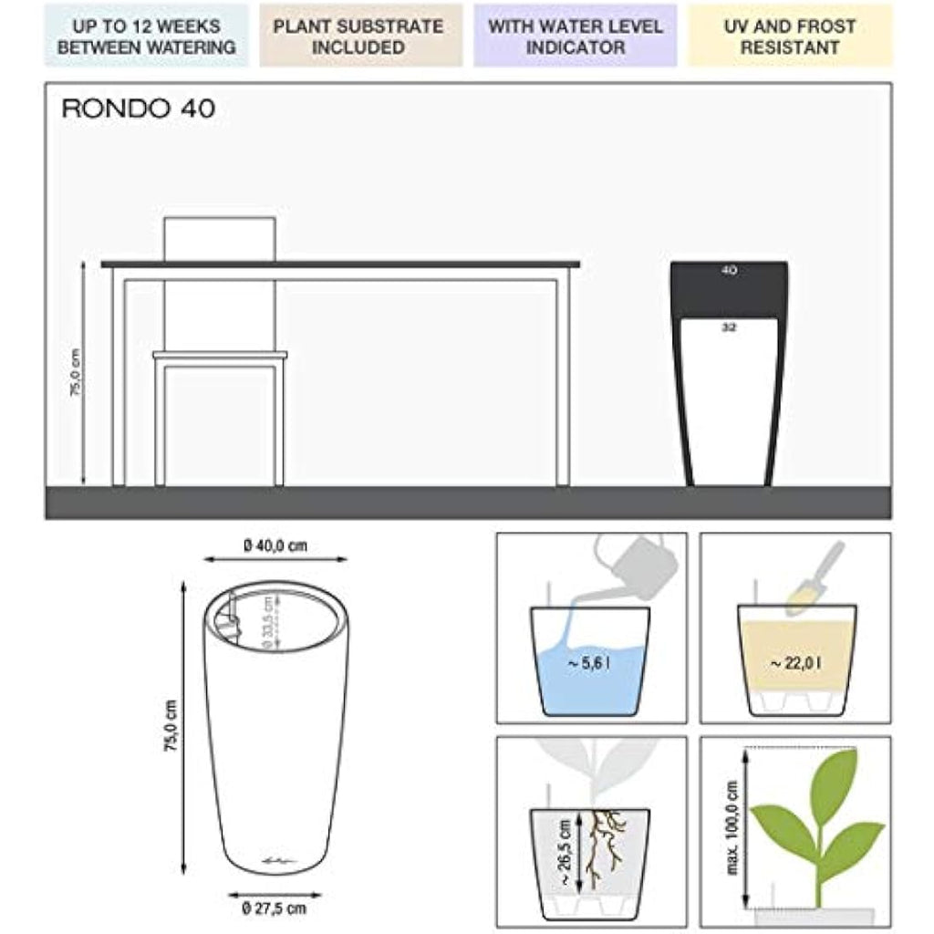 Lechuza RONDO 32 Self-Watering Planter | Large Plastic Pot, Shiny Taupe