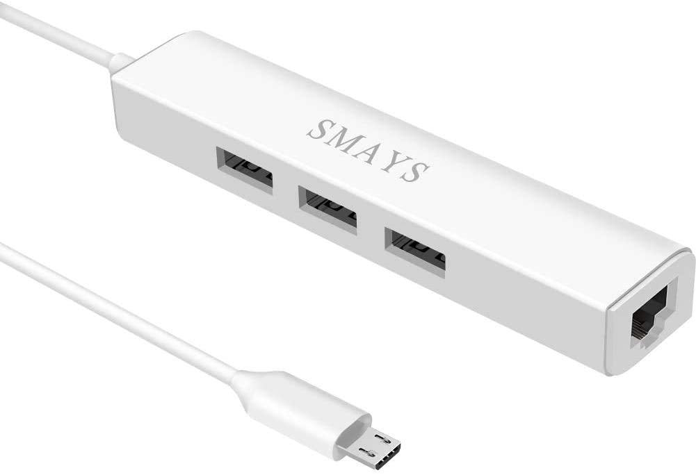 Micro USB to Ethernet Adapter with 3-Port USB Hub – White