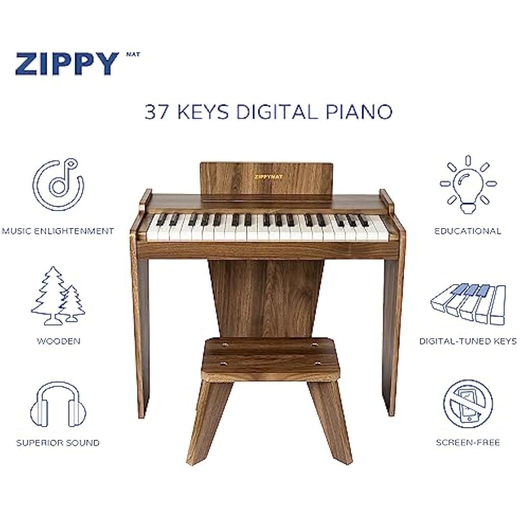ZIPPY MAT Kids Piano Keyboard – 37 Keys Wooden Musical Toy, Walnut
