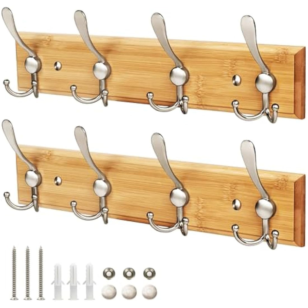 GlazieVault Bamboo Wall Coat Rack – 2 Pack Heavy Duty Matt Nickel Hooks