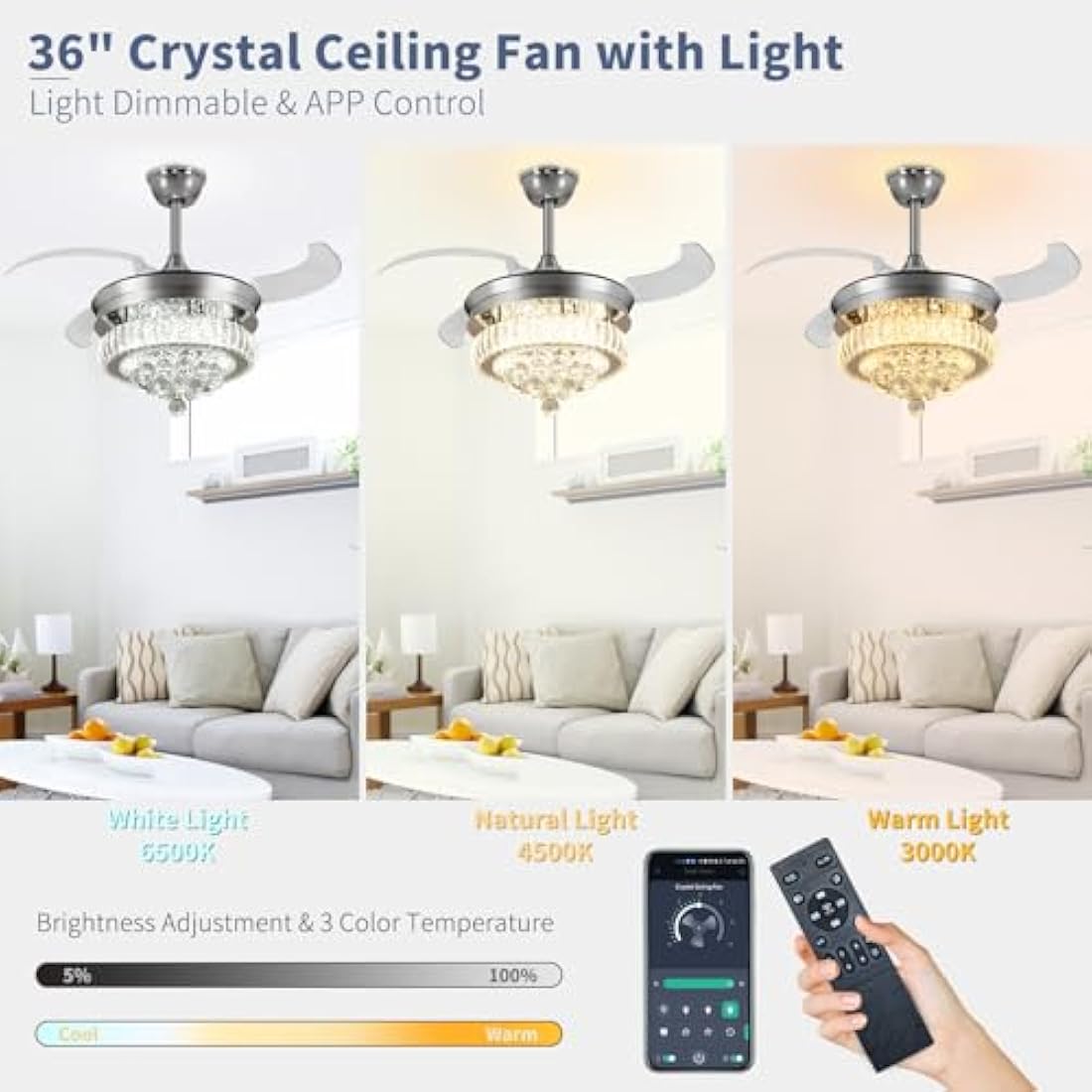 Depuley 36″ Crystal Retractable Ceiling Fan with App Control & Light