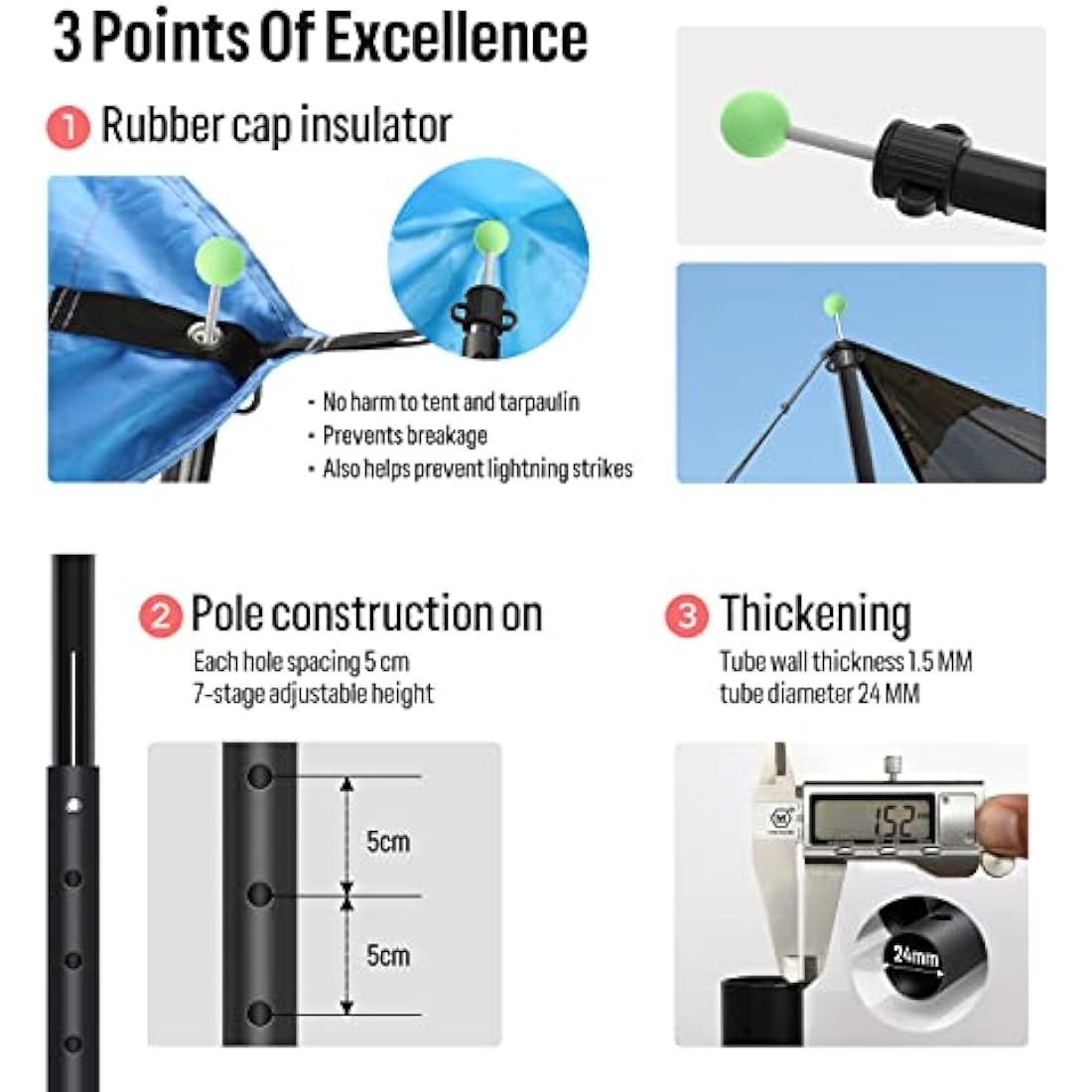 KOMCLUB Adjustable Aluminum Tarp Poles | 82" Telescoping Tent Poles