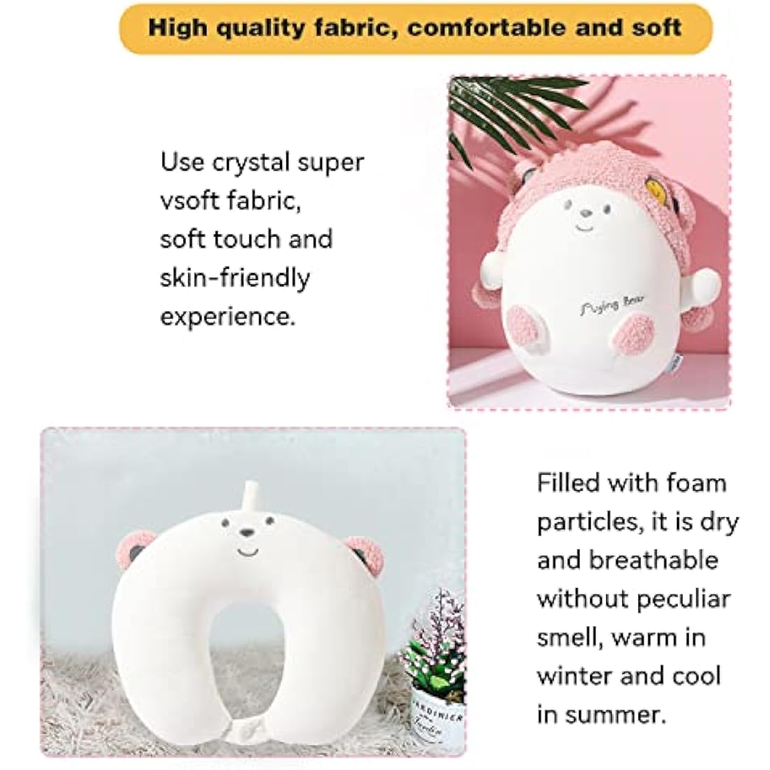 JOYRAVO Kids 2-in-1 Convertible Travel Neck Pillow – Pink Bear Plush