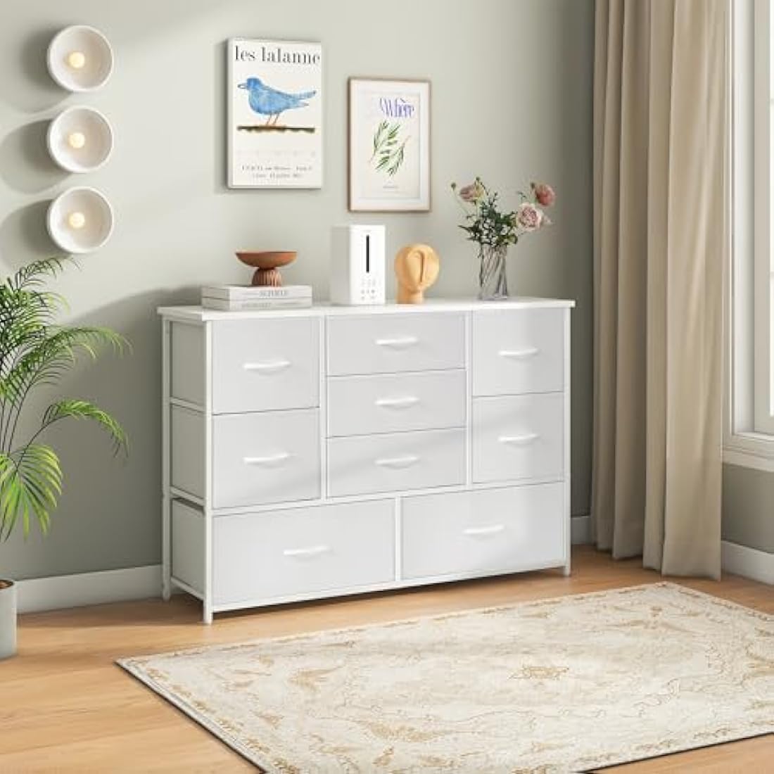 LYNCOHOME 9 Drawer Fabric Dresser – White Chest of Drawers for Bedroom